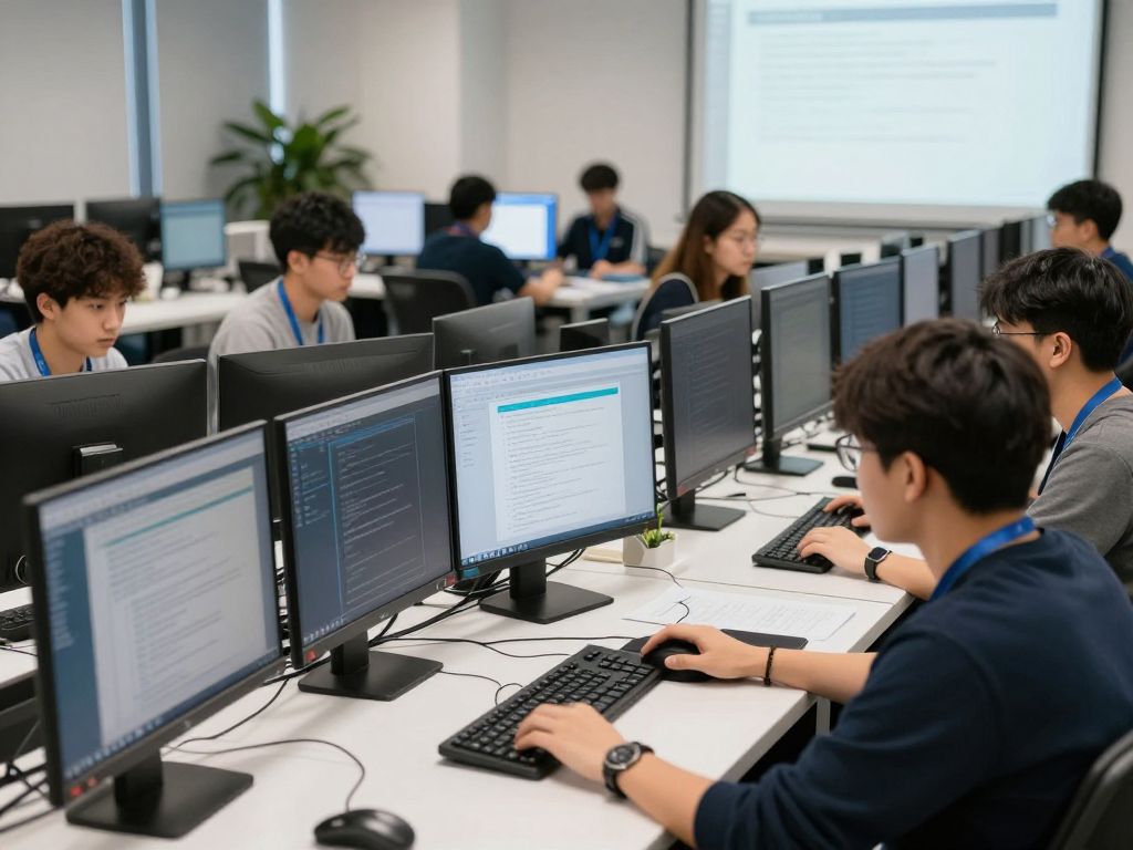 Students collaborating in a cybersecurity lab at the university.