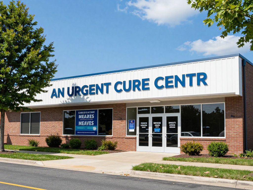 Urgent care center with measles awareness signage in Collegeville
