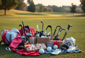 Couple celebrating Valentine's Day on a golf course with gifts