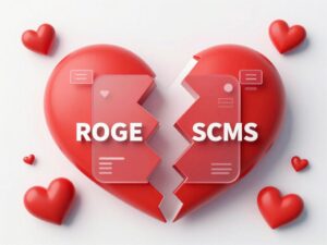 Valentine's Day scam alert with broken hearts and digital icons