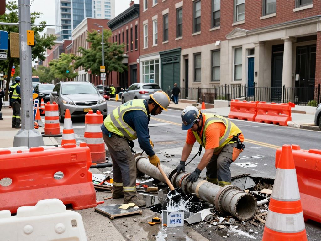 Construction crews repairing a water main break on Spruce Street in Philadelphia