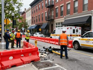 Construction barriers on Spruce Street due to a water main break