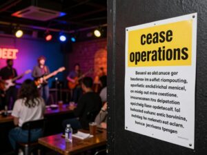 Cease operations notice at World Cafe Live in Philadelphia