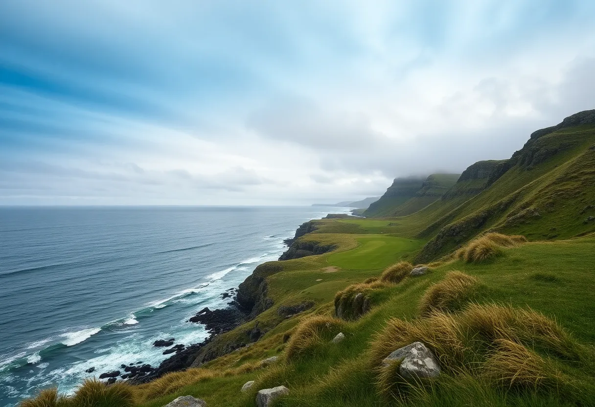 A picturesque coastal view of a golf course with rugged terrain.