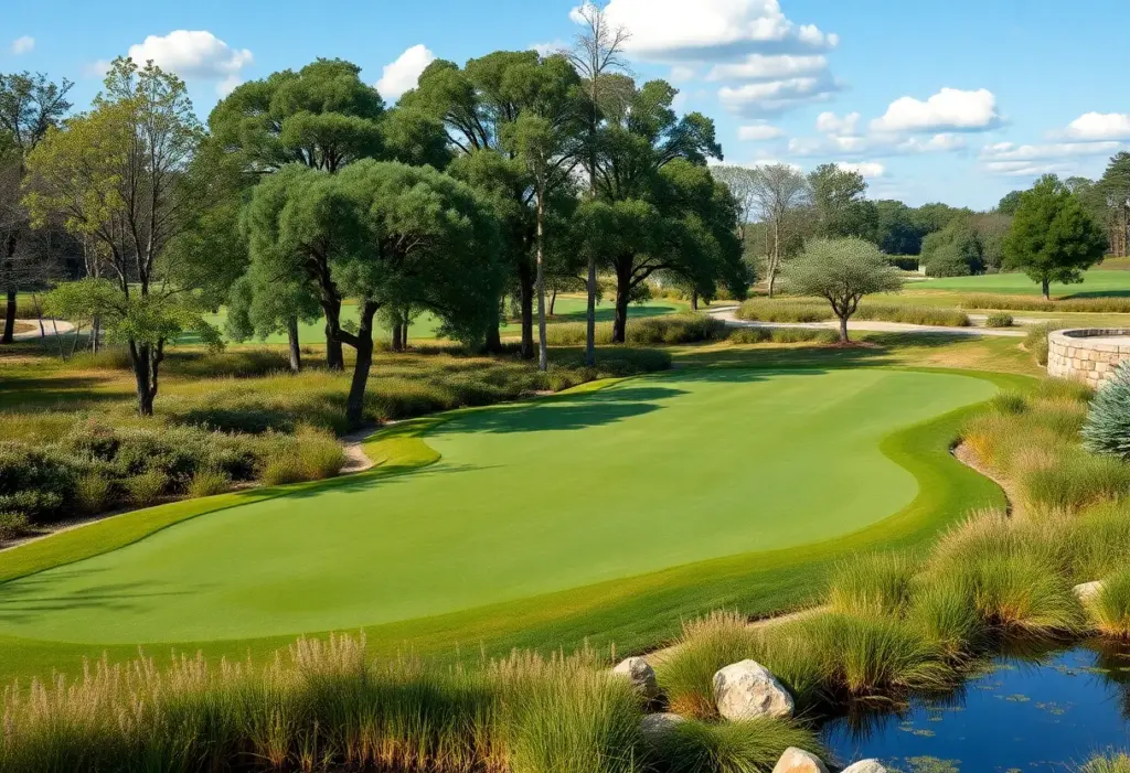 Scenic view of the restored Cobbs Creek Golf Course featuring wetlands and native trees.