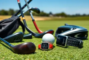 A collection of golf equipment showcasing innovations over the years.