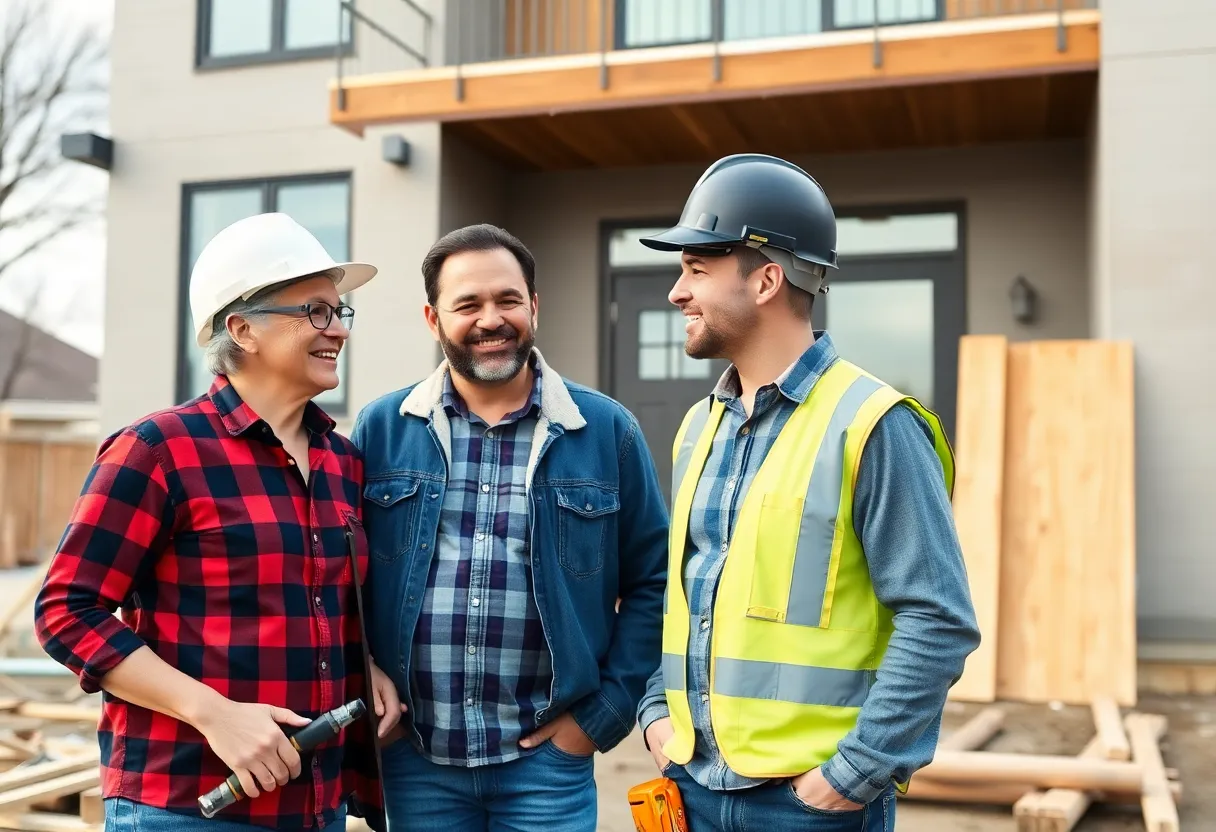 Homeowner consulting with a builder at a home construction site in Philadelphia