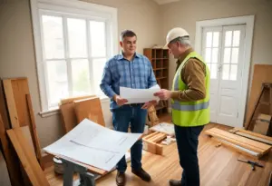 Contractor and client discussing home renovation plans in Philadelphia.