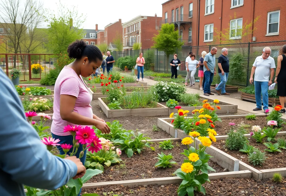 Community garden in Philadelphia filled with blooming plants and active gardeners