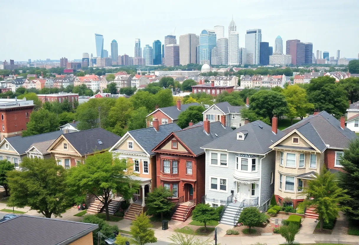 A picturesque view of various Philadelphia neighborhoods with homes and green spaces.