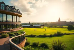 A stunning view of the Rutland Hotel near a golf course
