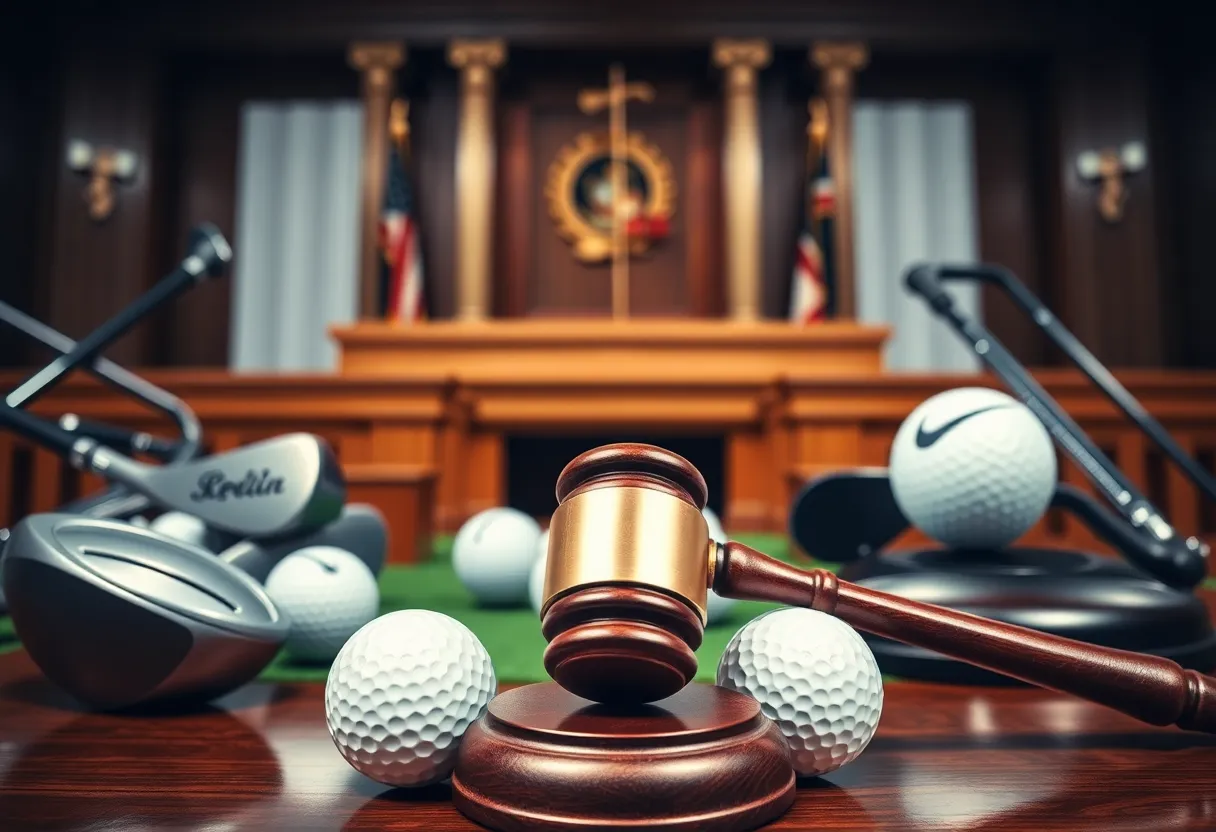 A courtroom with golf equipment signifying a legal battle between golf brands.