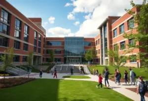 Exterior of a top high school in Philadelphia with students outside