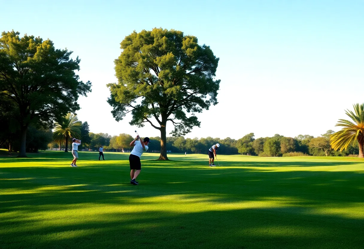 Golfers practicing on the picturesque Merion Golf Club course