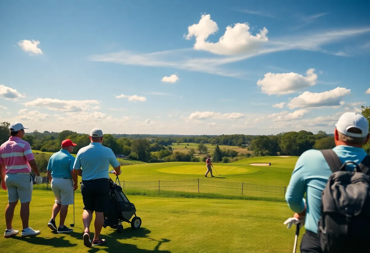 Golf tournament action at Augusta National with players and fans