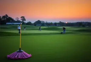 Twilight view of Augusta National Golf Club with maintenance staff