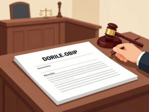 A courtroom scene related to a discrimination case with legal documents