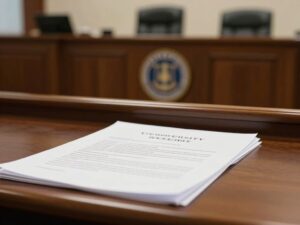 Courtroom with legal documents representing the University of Pennsylvania's antisemitism case