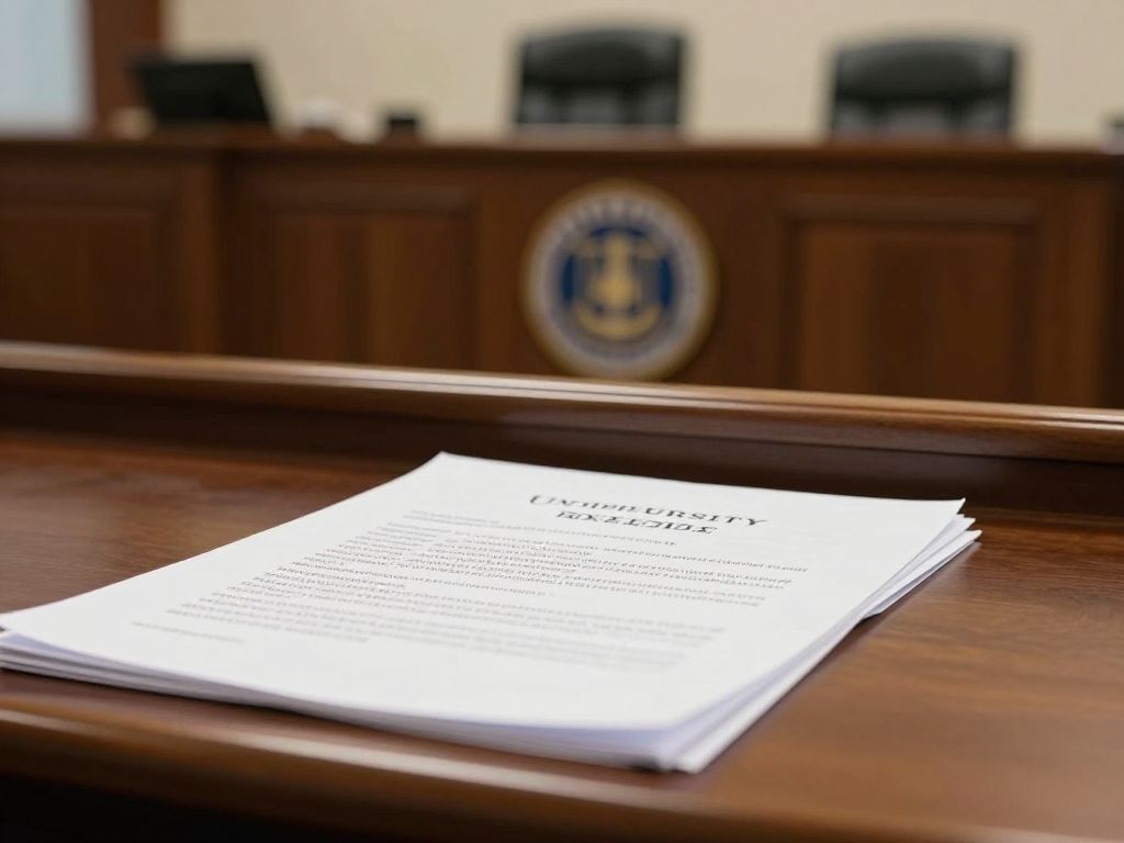 Courtroom with legal documents representing the University of Pennsylvania's antisemitism case