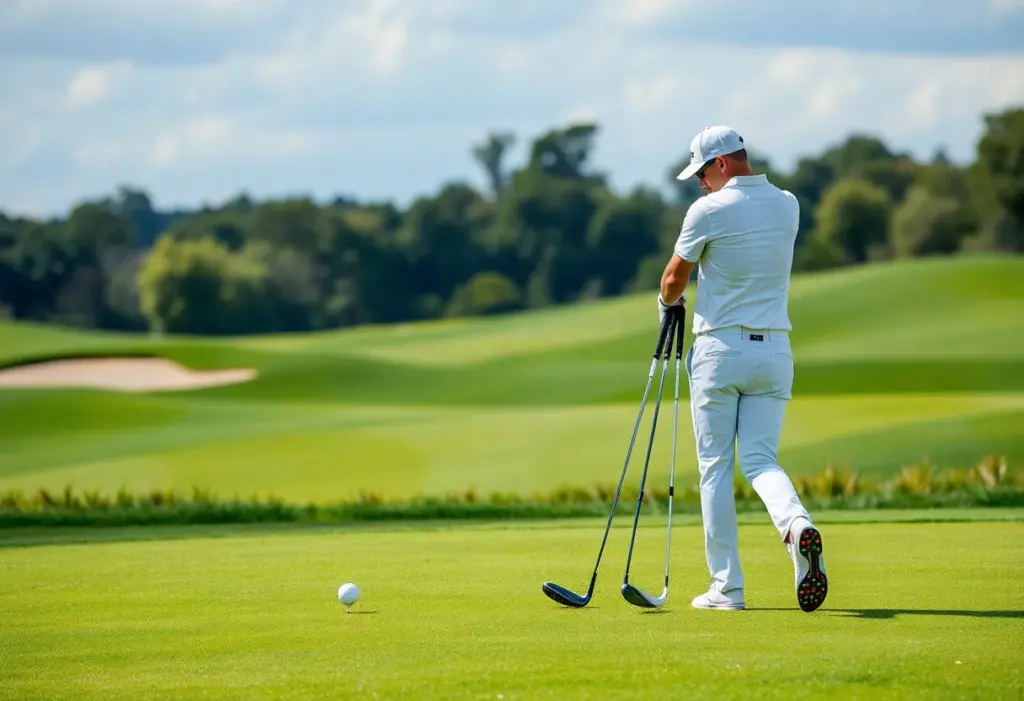 Golf tournament scene with players on a lush golf course