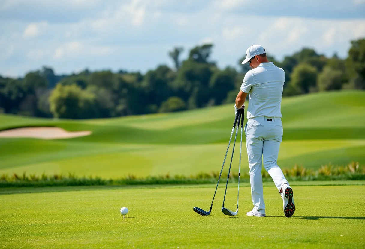 Golf tournament scene with players on a lush golf course