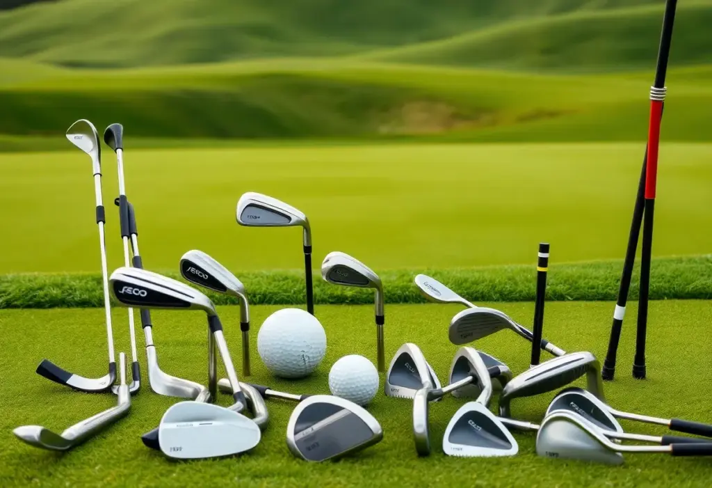 Various golf clubs and equipment on a golf course