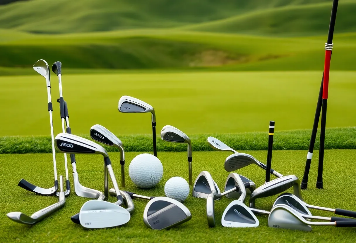 Various golf clubs and equipment on a golf course