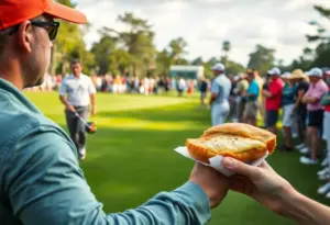 Sam Burns showcasing his golf gear at the Masters Tournament.