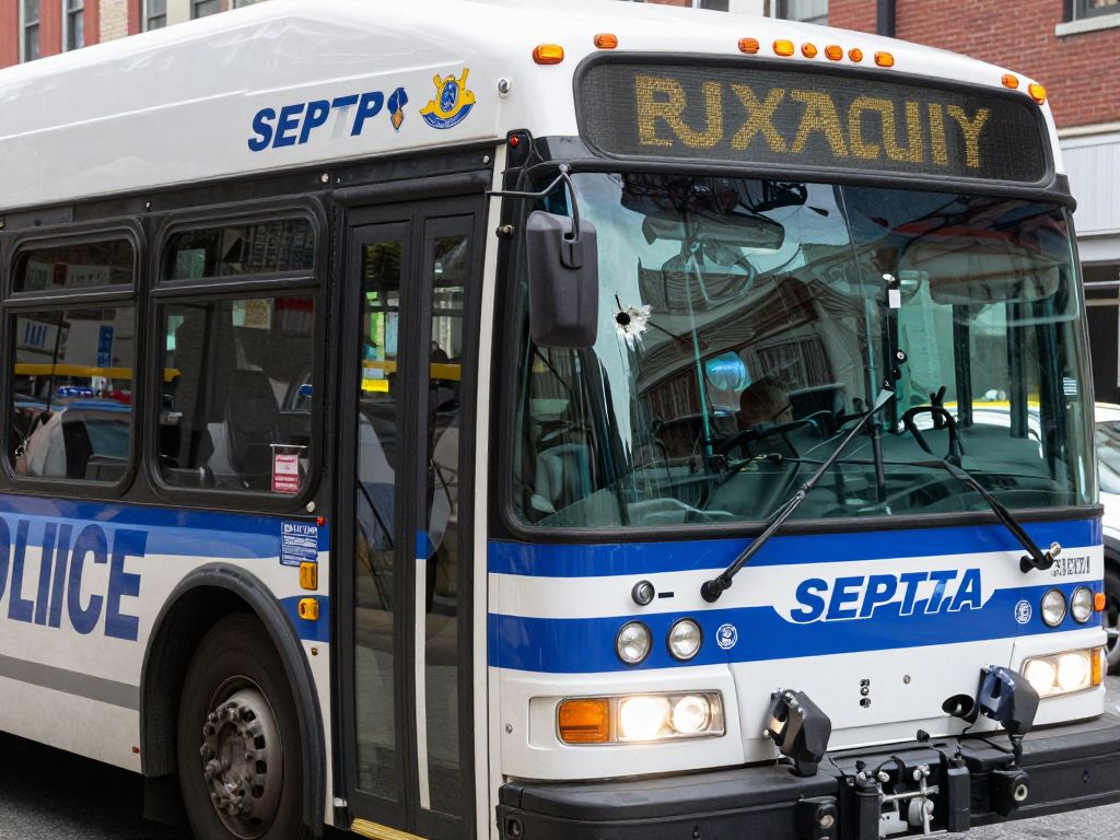 SEPTA Route 65 bus with visible damage parked in Roxborough, Philadelphia